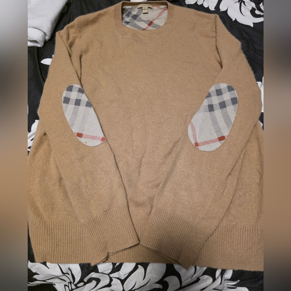 Burberry Camel Crewneck Sweater with Check Elbow Patches